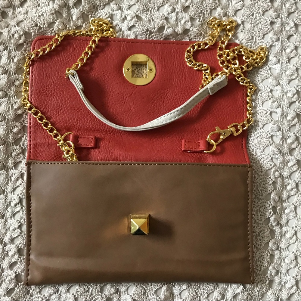Mud Pie Orange/tan clutch shoulder bag purse detach tuck in Chain dotted lining